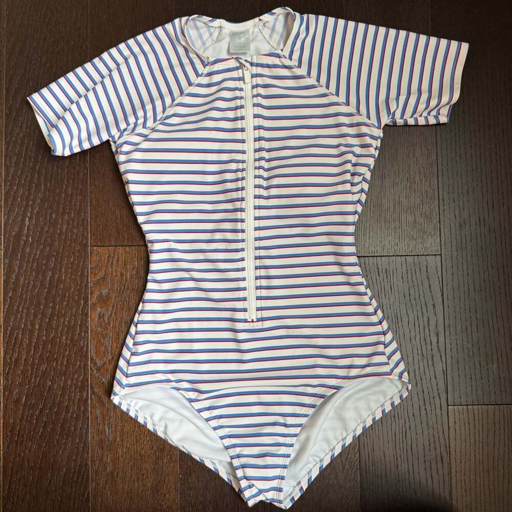 Kona Sol Striped Short-Sleeve Rash Guard One-Piece Swimsuit - Medium